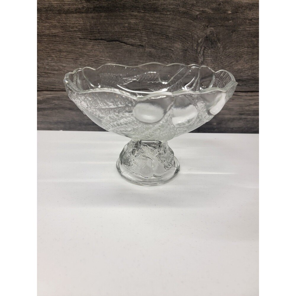 Teleflora Clear Glass Pedestal Fruit Bowl Raised Pear Fruit Leaf Design France